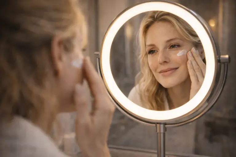 Frau am Kosmetikspiegel beim eincremen